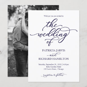 Convite para Casamento de Caligrafia Azul-Marinho 