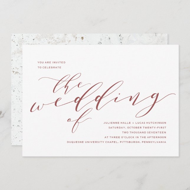 Convite para Casamento de Caligrafia | Borgonha Ma (Frente/Verso)