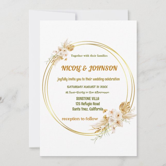 Convite para Casamento de Carateres de ouro Floral (Frente)