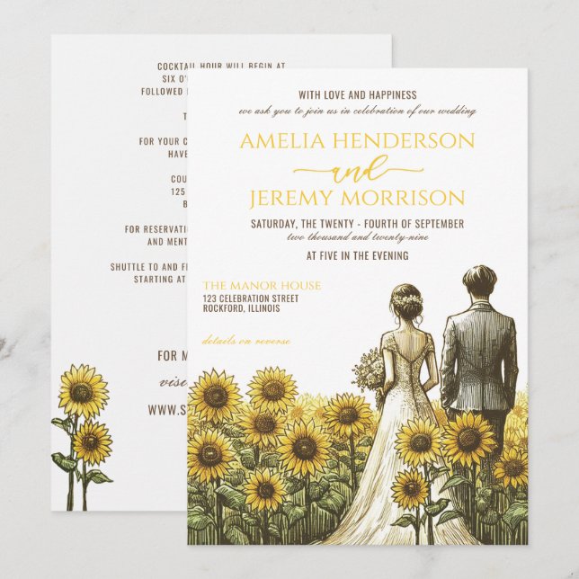 Convite para Casamento de Casais de girassol com d (Frente/Verso)