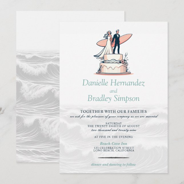 Convite para casamento de Casais surfs (Frente/Verso)