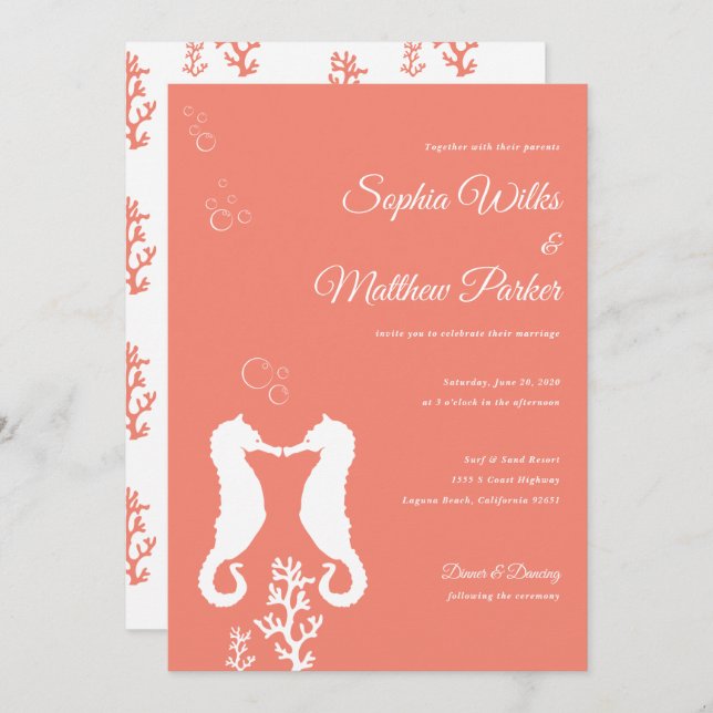 Convite Para Casamento De Cavalos De Coral (Frente/Verso)