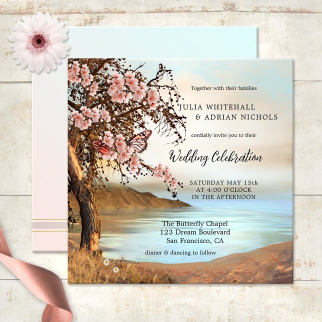 Convite Para Casamento De Cerejeira De Borboleta R (Spring wedding invitation featuring an ocean with a cherry blossom tree and pink butterflies)