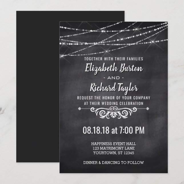 Convite para Casamento de Chalkboard Luzes de Cord (Frente/Verso)