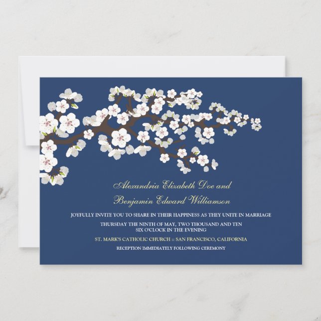 Convite para casamento de Cherry Blossoms (azul de (Frente)