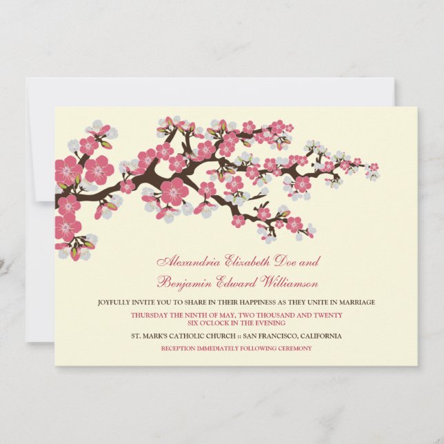 Convite para casamento de Cherry Blossoms (rosa co (Frente)