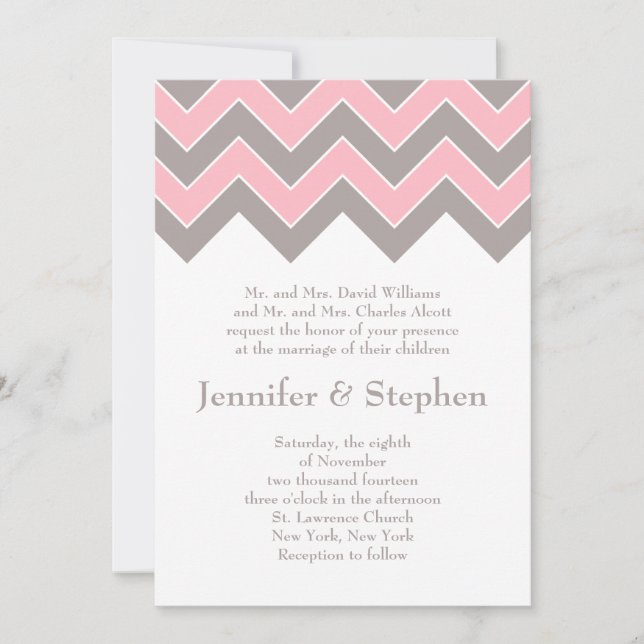 Convite para Casamento de Chevron, Rosa e Cinza (Frente)