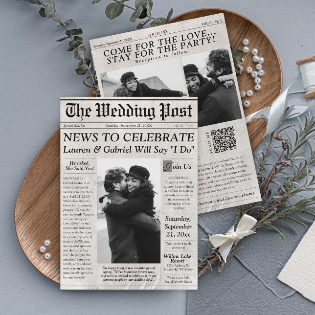 Convite para Casamento de Código QR Foto do Jornal (Modern trendy The Wedding Post newspaper 3 photo all-in-one wedding invitation QR code RSVP website )