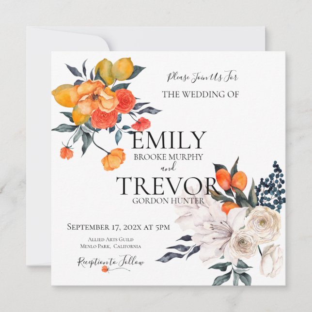 Convite para casamento de cor laranja e branca (Frente)