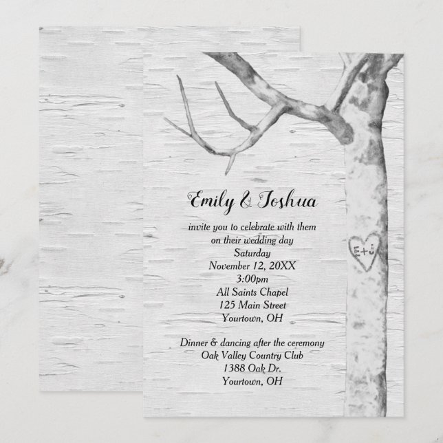 Convite para Casamento de Coração da Árvore Birch (Frente/Verso)