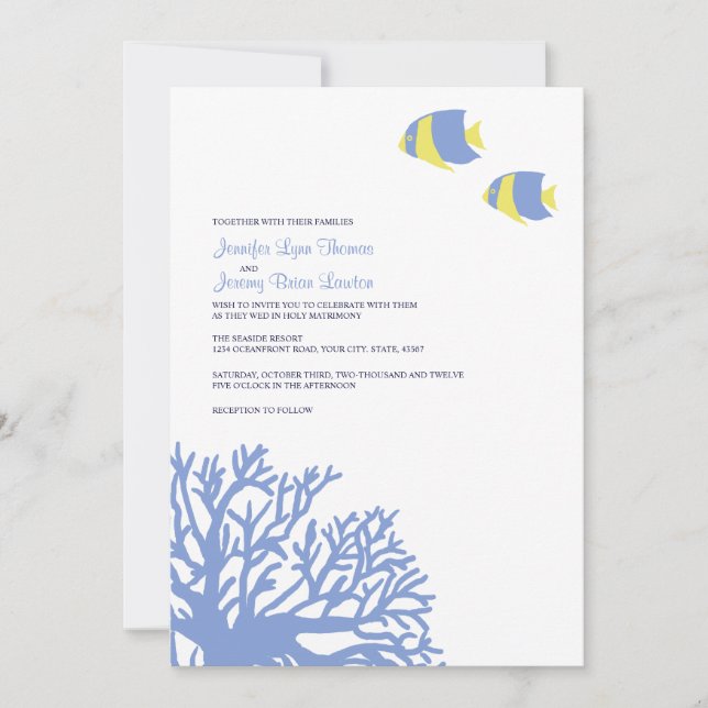 Convite para Casamento de Corais Tropicais Azul e  (Frente)