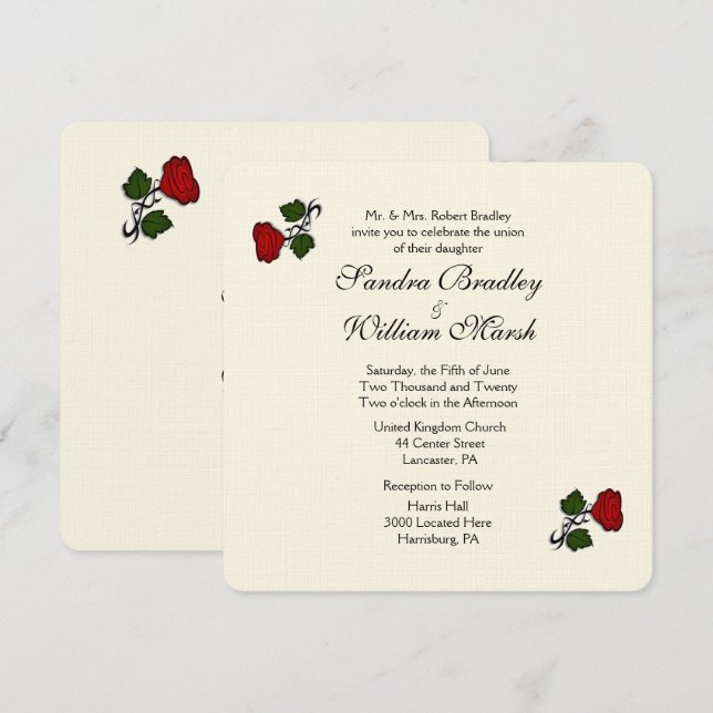 Convite para Casamento de Creme de rosa vermelha (Frente/Verso)