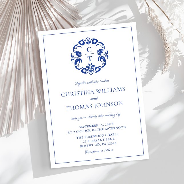 Convite para Casamento de Crest Azul Elegante (Criador carregado)