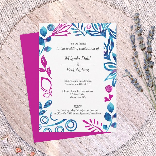 Convite para Casamento de Cristal Azul e Rosa Prof (royal blue and magenta pink wedding invitation with floral border frame)