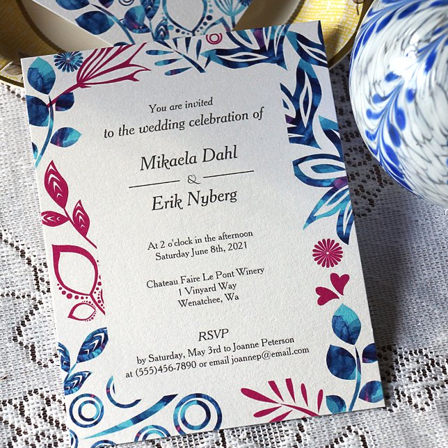 Convite para Casamento de Cristal Azul e Rosa Prof (Magenta & Blue Leaves & Flowers Decorative Border Wedding Invitation)