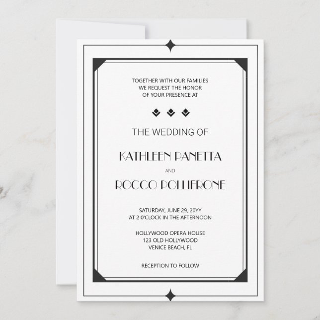 Convite para Casamento de Deco de Arte Negra Branc (Frente)
