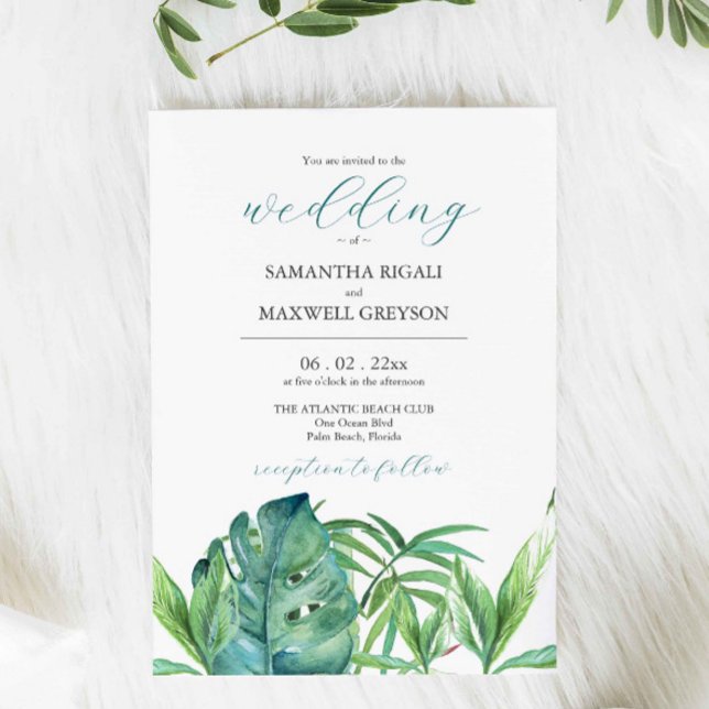 Convite para Casamento de Destino Tropical Palm (Wedding invitation destination weddings watercolor tropical palm leave art by Victoria Grigaliunas)