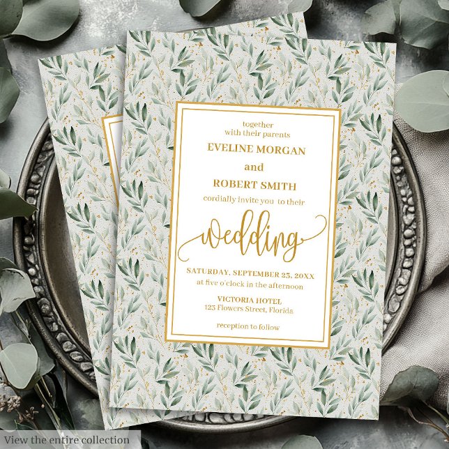 Convite para casamento de Douradas Foliagens Verde (Modern Sage Green Gold Foliage Wedding Invitation)