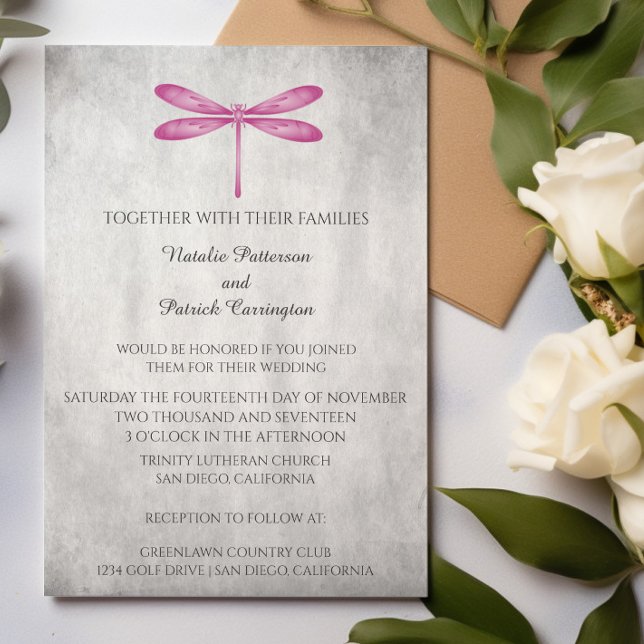 Convite para Casamento de Dragonfly Magenta (Magenta Dragonfly Wedding Invitation)