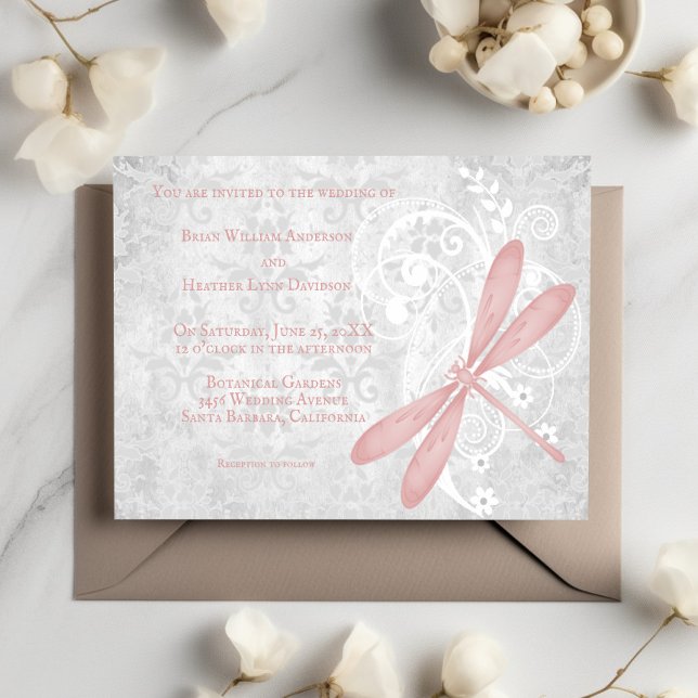 Convite para Casamento de Dragonfly Rosa (Pink Dragonfly Wedding Invitation)