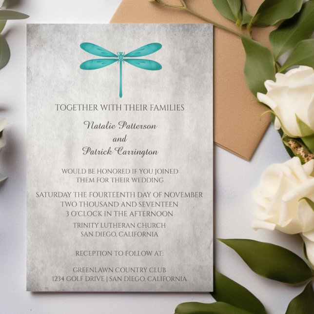 Convite para Casamento de Dragonfly Teal (Teal Dragonfly Wedding Invitation)