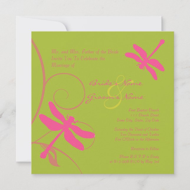 Convite para Casamento de Dragonfly Verde e Rosa (Frente)