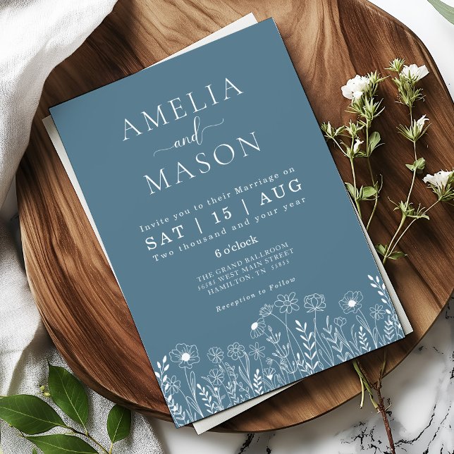 Convite para Casamento de Dusty Blue Wildflower (Dusty Blue Minimal Floral Wildflower Wedding Invitation)