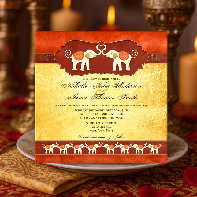 Convite para casamento de elefantes brancos índios (Indian art inspired wedding invitation featuring two ivory elephants and their families)