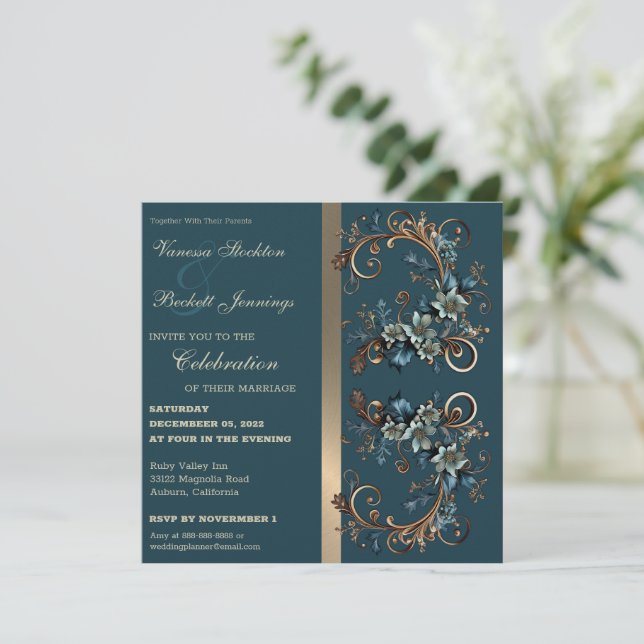 Convite para Casamento de Elegância Floral Gilded (Em pé/Frente)
