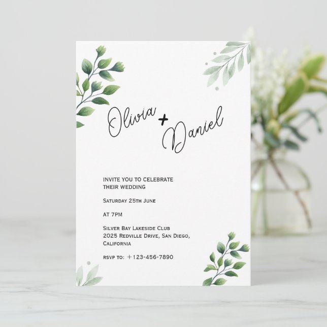 Convite para Casamento de Elopement Greenery (Em pé/Frente)