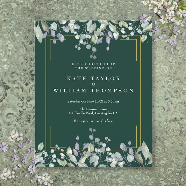 Convite para Casamento de Esmeraldas Floral de Lil (Budget Lilac Floral Emerald Wedding Invitation)