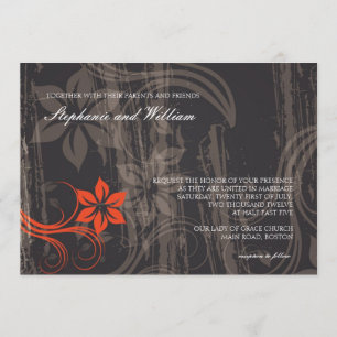 Convite para casamento de espiral floral negra e v