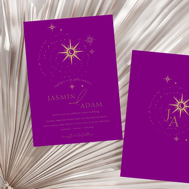 Convite para Casamento de Estrelas Negras Roxas Ce (Celestial Purple Black Stars Wedding Invitation)
