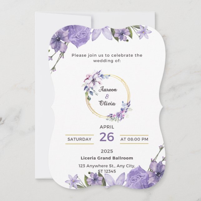 Convite para Casamento de Fantasia Roxa (Frente)