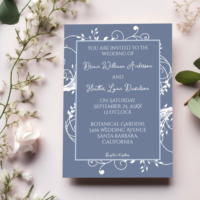 Convite para Casamento de Farinha Azul Dusty (Dusty Blue Flourish Wedding Invitation)