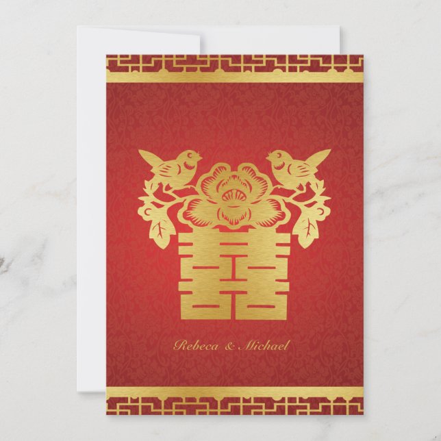 Convite para Casamento de Felicidade Dupla Chinesa (Frente)