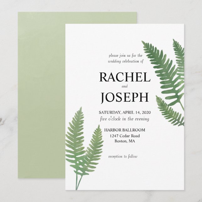 Convite para Casamento de Fern Watercolor (Frente/Verso)