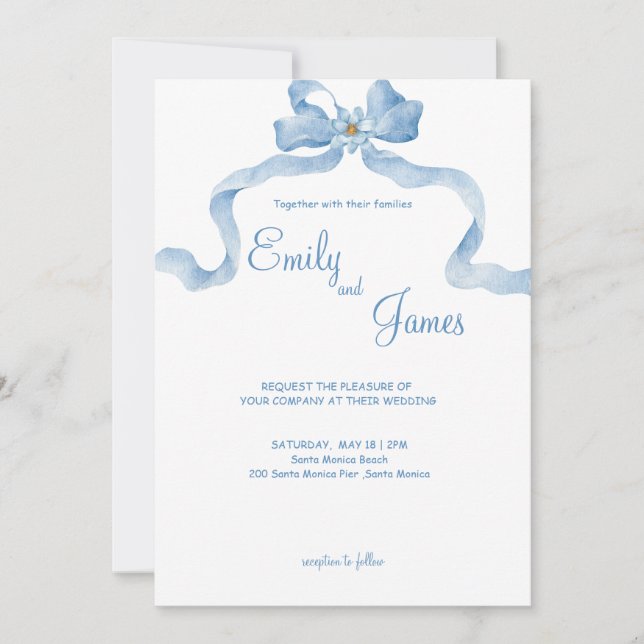 Convite para Casamento de Fita Azul Elegante (Frente)