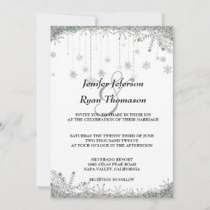 Convite para casamento de flocos de neve com brilh