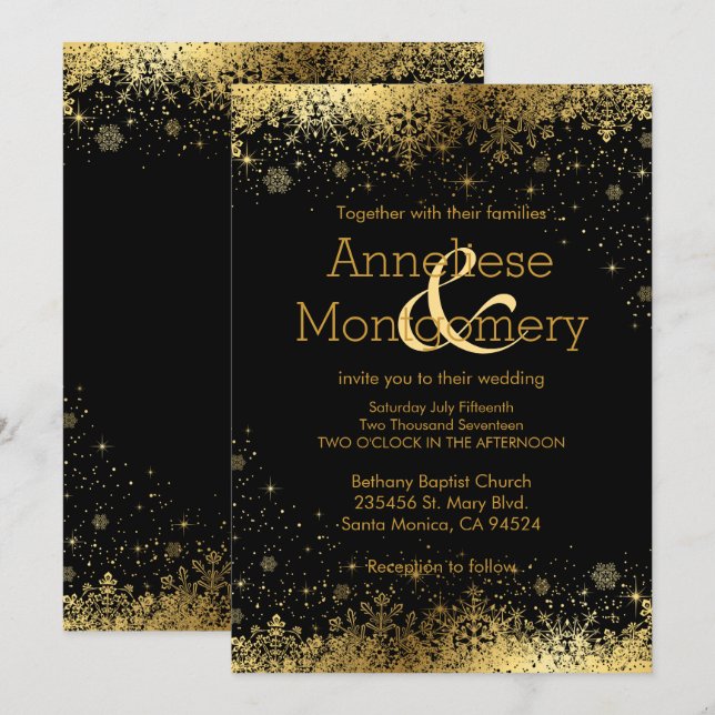 Convite para Casamento de Flocos de Neve Pretos e  (Frente/Verso)