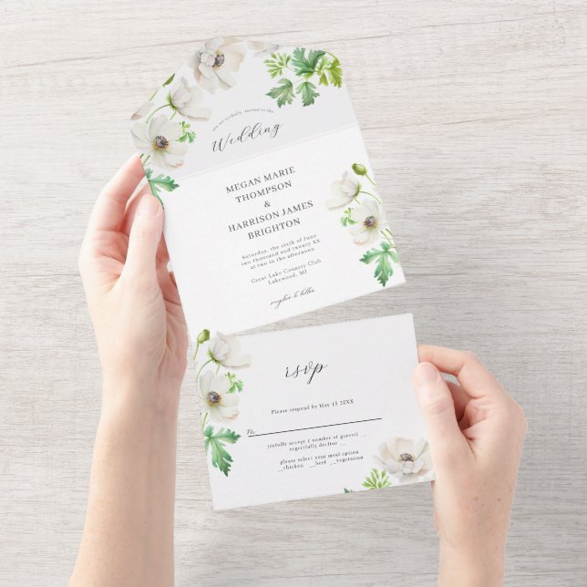 Convite para Casamento de Flor Anêmona Branca (Tearaway)