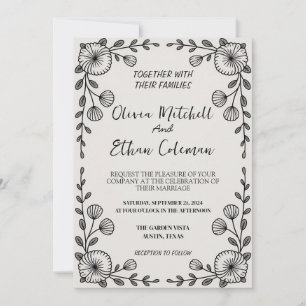 Convite para Casamento de Flor Elegante Preto e Br