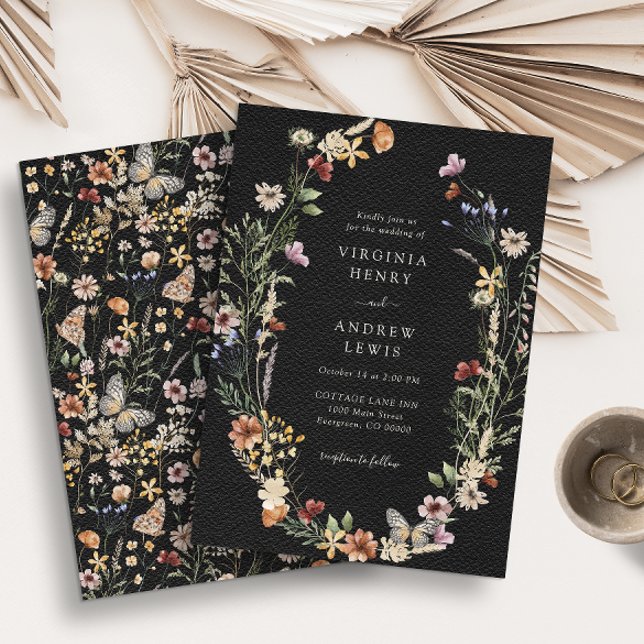 Convite para Casamento de Flor Selvagem Negra (Black Boho Wildflower Wedding Invitation by Painted Paperie
)