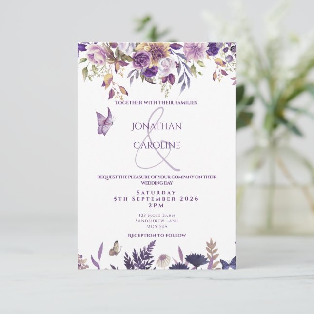 Convite para Casamento de Floral/Borboleta Roxo (Em pé/Frente)