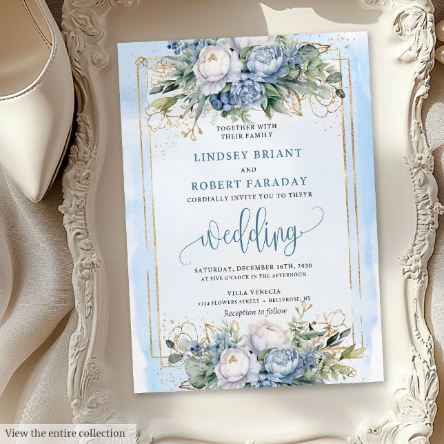 Convite para casamento de flores azuis pastais mod (Modern pastel blue gold flowers wedding invitation

)