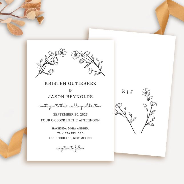 Convite para Casamento de Flores Brancas e Negras (Wildflower Wedding Invitation by Fiesta Valley Print)
