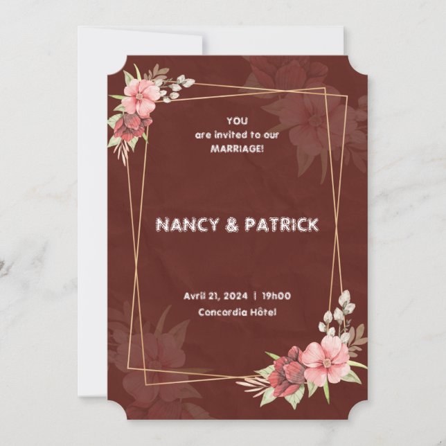 Convite para Casamento de Flores de Borgonha Elega (Frente)