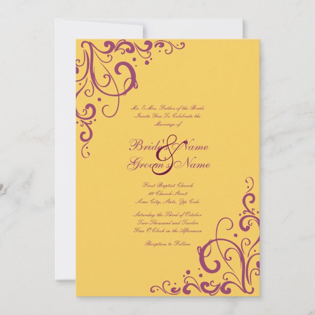 Convite para Casamento de Flores Roxas e Amarelas (Frente)