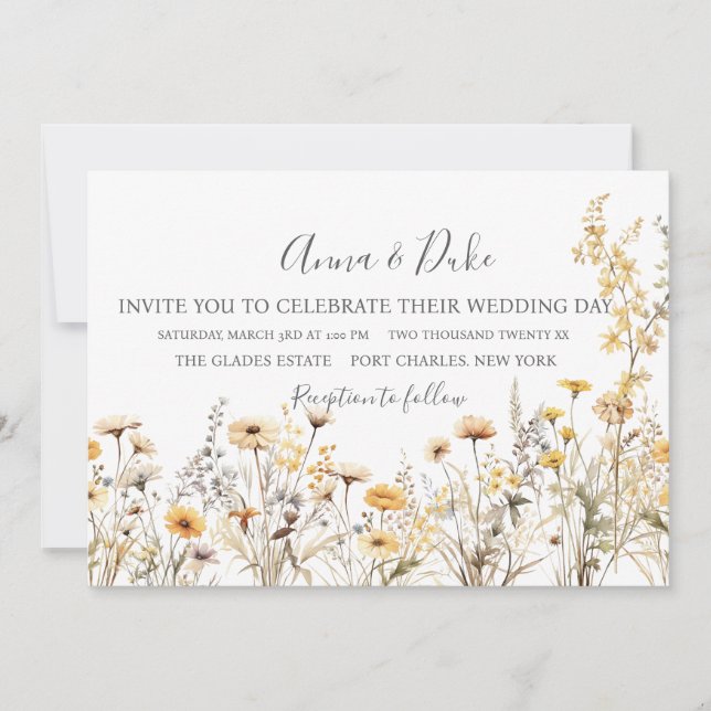 Convite para Casamento de Flores Selvagens Amarela (Frente)