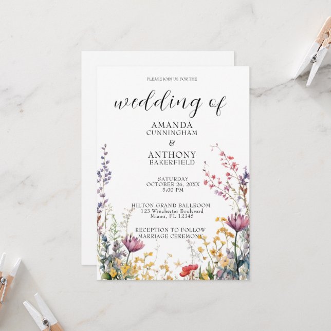 Convite para Casamento de Flores Selvagens Elegant (Frente/Verso In Situ)